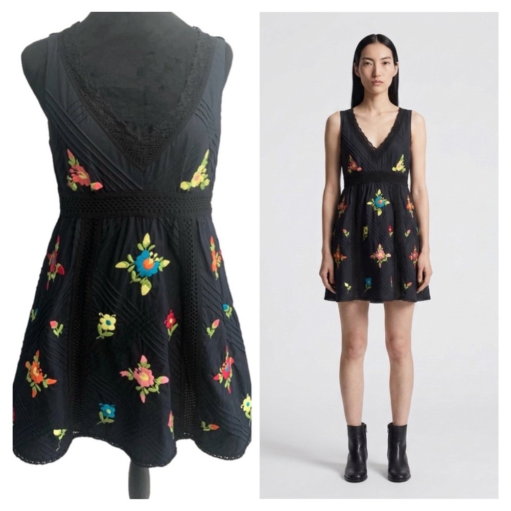 Nanette Lepore Black Floral Embroidered A-Line Dress Size 6 Boho Cottagecore